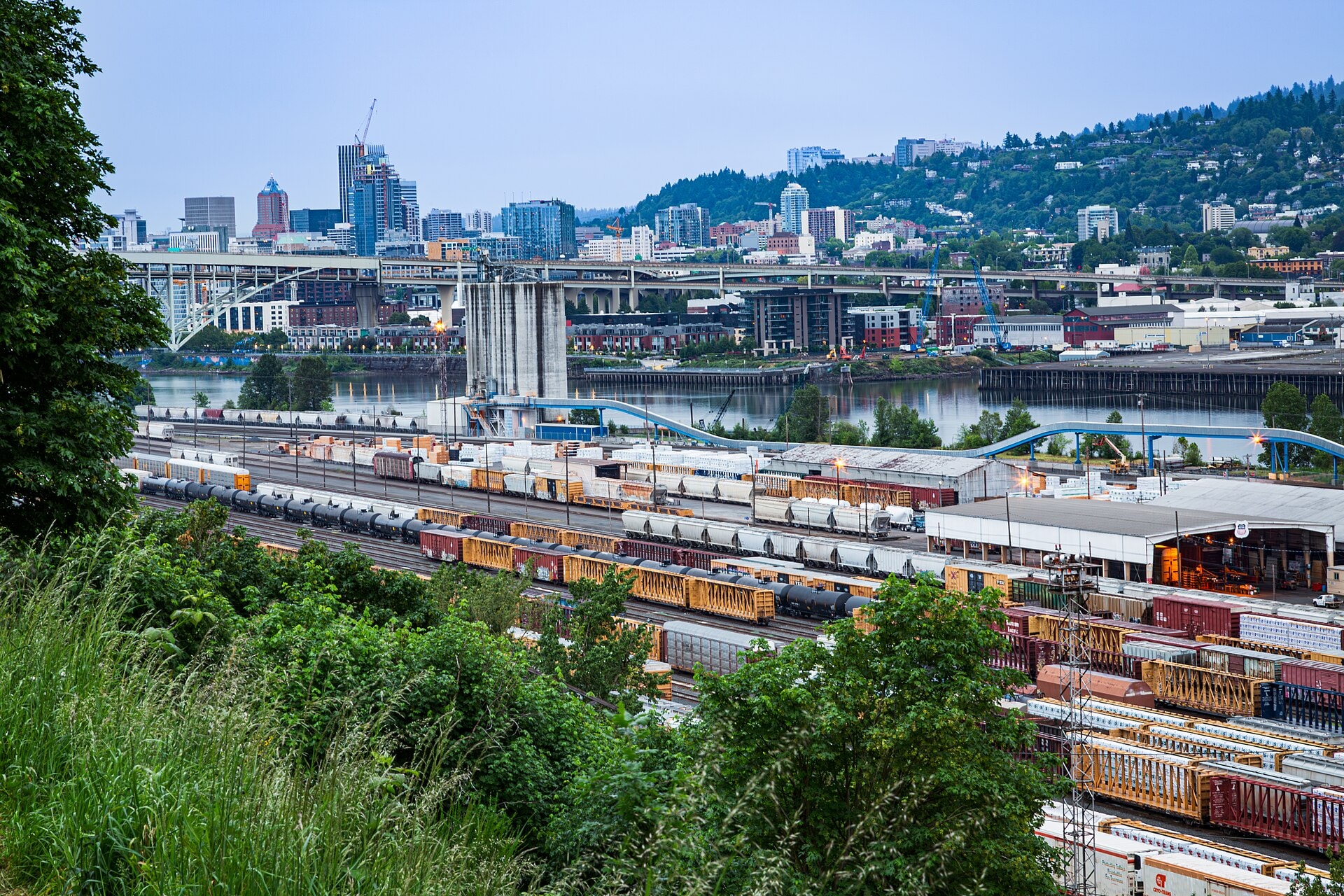 The Portland skyline from Mocks Crest, the river and rail yards in front