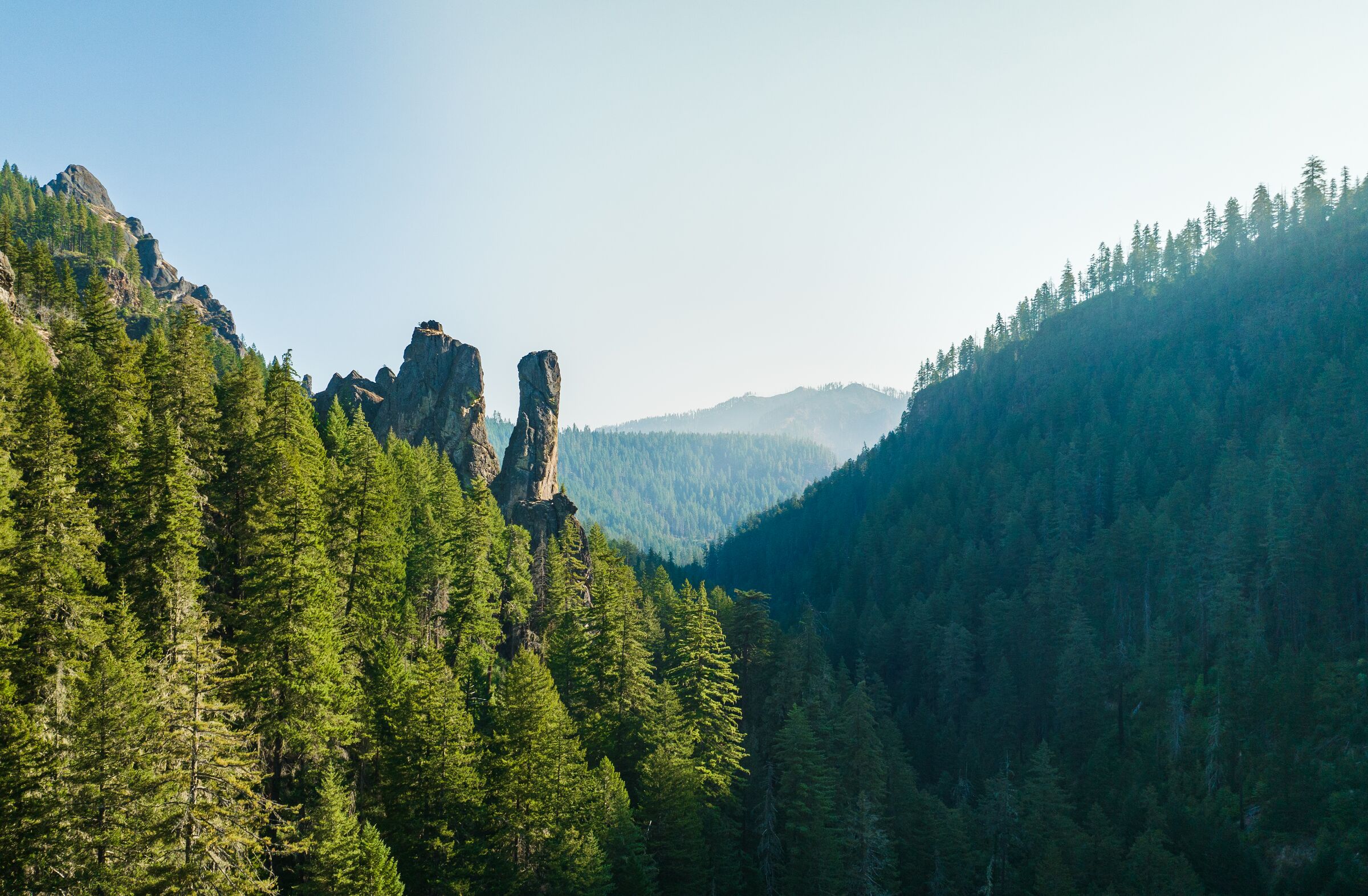 Rock spires standing out of the fir forest above the North Umpqua River canyon in August, ridges fading beyond