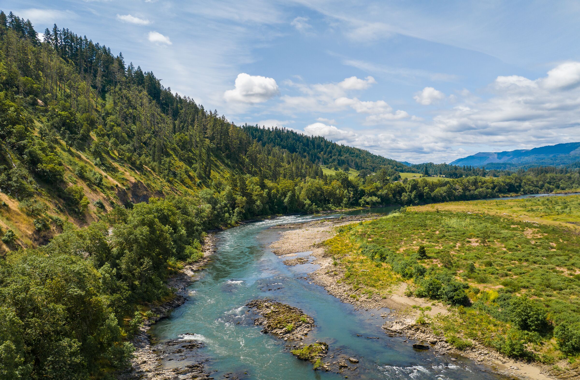 The clear green Umpqua River running over riffles and past a gravel bar in a wide forested valley in May